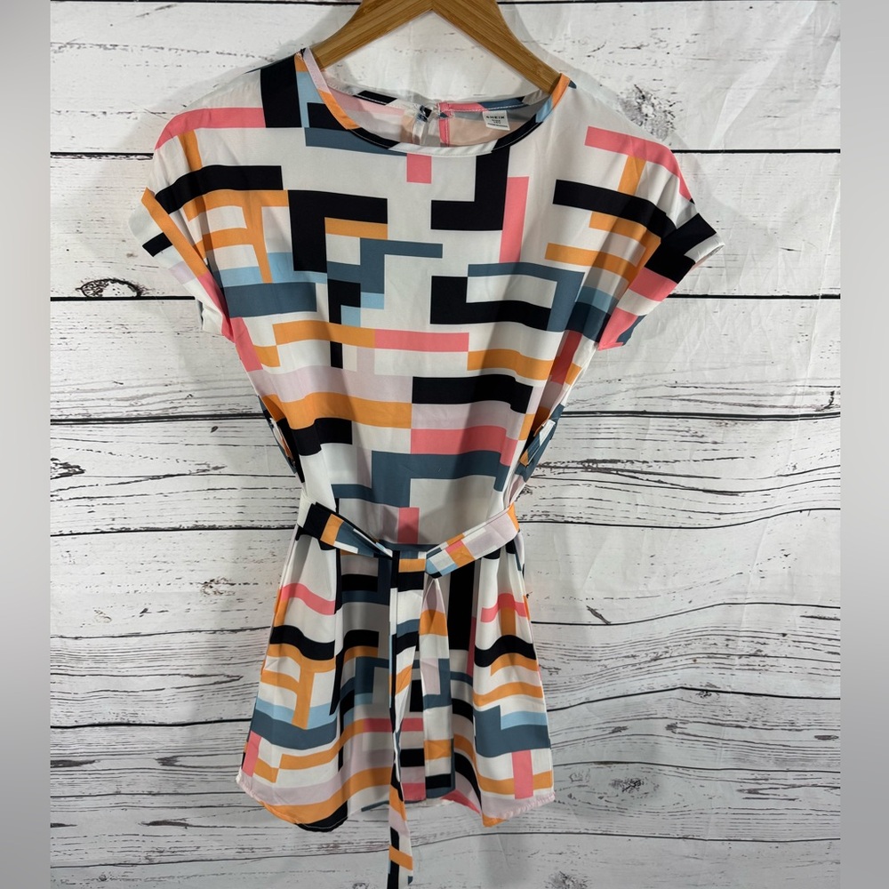SHEIN Geometric Print Belted Girls Shift Dress Size 10 NWOT